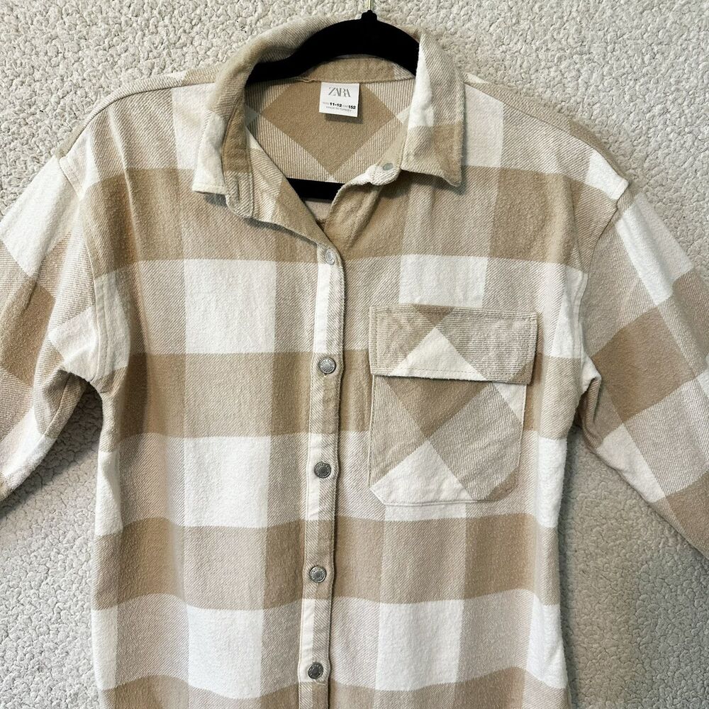 Zara Plaid 100% Cotton SHACKET Jacket Size Youth KIDS 11-12 Beige/Ivory Plaid - Picture 2 of 13